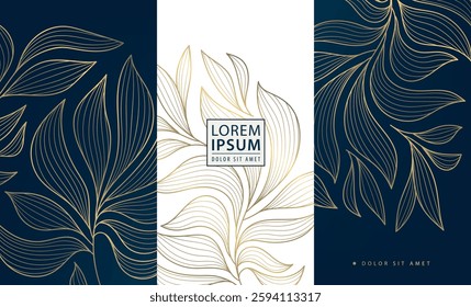 Vector set of gold luxury art deco backgrounds, nature fancy ornate pattern. Leaf floral wine, spa, beauty products, perfume, tea design. Vintage box elegant template