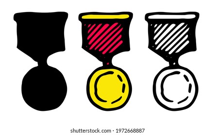 vector set of gold medal with red ribbon. A hand-drawn doodle-style medal with a black outline and a silhouette with a gold round medal on a red ribbon for the victory. Symbol first place