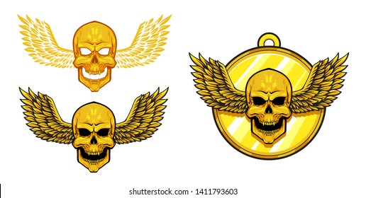 Vector set of gold medal with skull, skull with wings, vector illustration isolated on white background