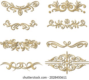 Vector set of gold monograms, heraldic ornaments. Designer text dividers. Patterns from lines. Letter border