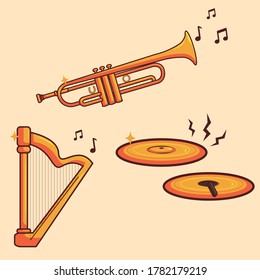 Vector Set Of Gold Music Instruments. Trumpet, Harp, And Cymbals Illustration