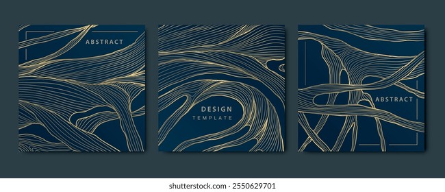 Vector set of gold on blue tree branches, wood organic texture cards. Modern flyers, line elegant package design
