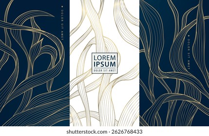 Conjunto de Vector de oro en línea oscura etiquetas de lujo, hoja elegante paquete. Diseño de la caja de vino, fondo de la naturaleza de la joyería, carteles, Fondo de pantalla, tarjetas, invitaciones de boda