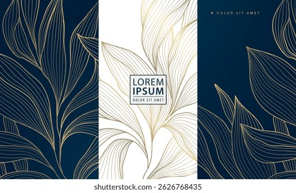Vector set of gold on dark line luxury labels, leaf elegant package. Wine box design, jewelry nature background, posters, wallpaper, cards, wedding invitations