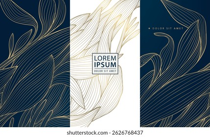 Vector set of gold on dark line luxury labels, leaf elegant package. Wine box design, jewelry nature background, posters, wallpaper, cards, wedding invitations
