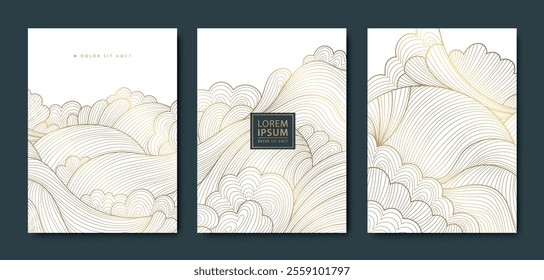 Vector set of gold on white sea line waves, japanese style graphic posters. Asian water, ocean ornaments, drawn flow scenery