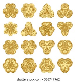 Vector set of gold ornamental mandalas. Geometric triangular design element isolated on white background. 