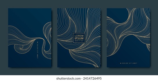 Vector set of gold pattern backgrounds, wave design curve templates, elegant linear graphic. Dark elegant package, premium cover.  