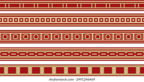 Vector set of gold and red seamless Egyptian borders. Endless Ornaments of Ancient Egypt. Geometric African frame.
