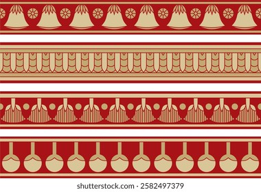 Vector set of gold and red seamless Egyptian borders. Endless Ornaments of Ancient Egypt. Geometric African frame.
