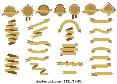 Vector set with gold ribbons and banners. Isolated ribbons and banners for your design. Vintage labels and ribbons. Vector illustration.