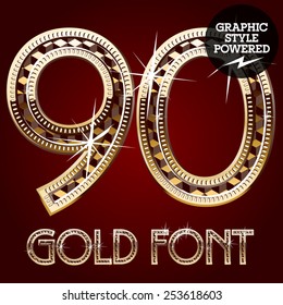 Vector set of gold rich alphabet with diamonds. Numbers 9 0