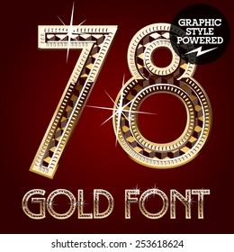 Vector set of gold rich alphabet with diamonds. Numbers 7 8