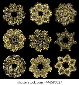 Vector set of gold round patterns, mandalas. Yoga logos geometric circle element. Decorative floral ornaments. Oriental flourish design