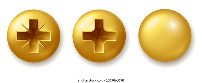 Vector set of gold screws, bolts and rivets, isolated on white background