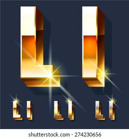 Vector set of gold shiny 3D alphabet. Letter L