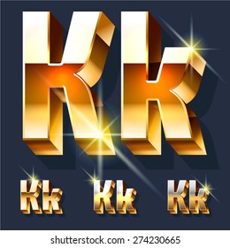 Vector set of gold shiny 3D alphabet. Letter K