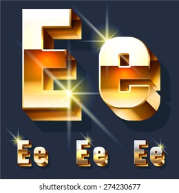Juego de vectores de un brillante alfabeto 3D dorado. Letra E