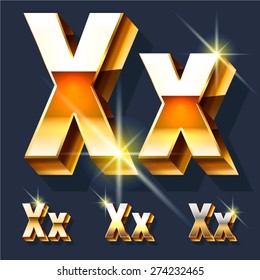 Vector set of gold shiny 3D alphabet. Letter X
