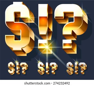 Vector set of gold shiny 3D alphabet. Symbols