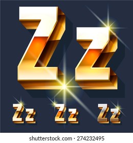 Vector set of gold shiny 3D alphabet. Letter Z