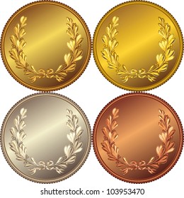 vector set of the gold, silver and bronze medals with the image of a laurel wreath