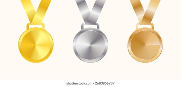 Conjunto vetorial de medalhas de ouro, prata e bronze - troféus de jogo e cerimônia, ilustração de prêmio redonda em branco