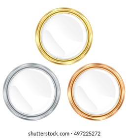vector set of gold silver and bronze blank round icon with a white background, can be used as a labels