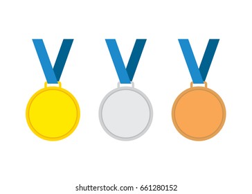 Vector set of gold, silver and bronze medals with blue ribbons