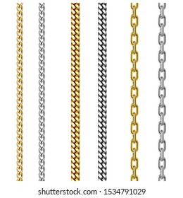 Vector set of gold and silver chains. Jewelry design . Realistic 3d vector illustration isolated on white background