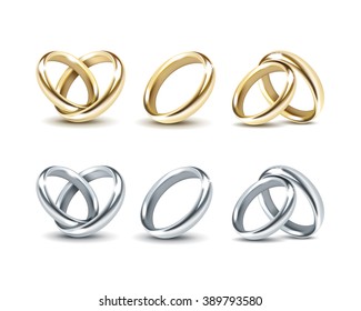 Vector Set of Gold and Silver Wedding Rings Isolated on White Background