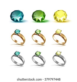 Vector Set of Gold and Siver Engagement Rings with Emerald Green and Yellow Shiny Clear Diamonds Isolated on White Background