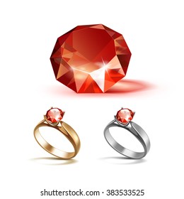Vector Set of Gold and Siver Engagement Rings with Red Shiny Clear Diamond Close up Isolated on White Background