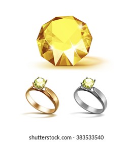 Vector Set of Gold and Siver Engagement Rings with Yellow Shiny Clear Diamond Close up Isolated on White Background