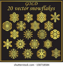 Vector set gold snowflakes on black background