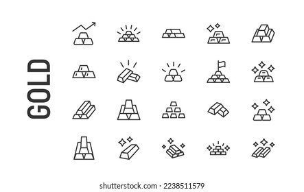 Vector set of gold thin line icons. Design of 20 stroke pictograms. Signs of gold isolated on a white background.
