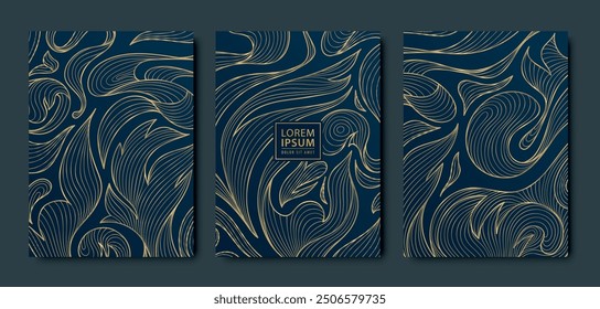 Vector set of gold vintage floral wedding cards, elegant luxury swirl covers, victorian style leaves motif. Linear plant baroque texture