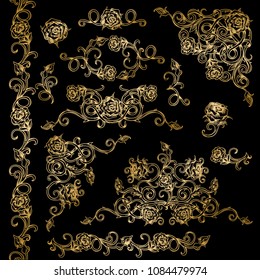 Vector set of gold vintage stylized and roses detailed ornamental elements. Hand drawn retro tattoo design.Engraved roses vignette.The set is fully editable and can be used for design and decoration