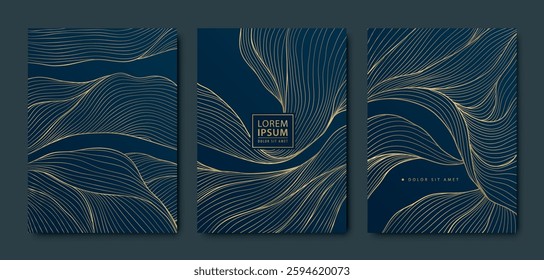 Vector set of gold wave art design, glitter japanese elite templates. Luxury premium elegant backgrounds, abstract line water flyers, banners, invitations, posters, menu design