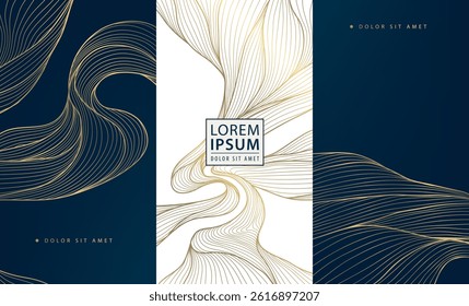 Vector set of gold wave background design, abstract luxury line art templates. Wine premium art deco package, chocolate, menu patterns, fancy vip graphic