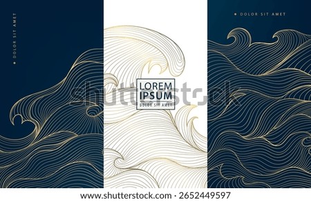 Vector set of gold wave background design, abstract luxury line art templates. Wine premium art deco package, chocolate, menu patterns, fancy vip graphic