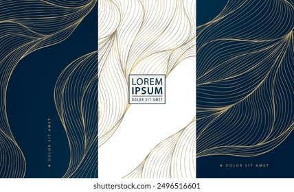 Conjunto de Vector de texturas abstractas de línea de onda de oro, gráfico de mármol geométrico ondulado, Formas elegantes. Ilustración de mar, adorno art deco, paquete de etiquetas premium.