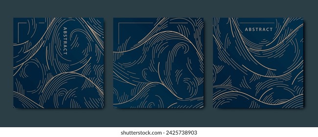 Vector set of gold wave patterns, abstract line design. Modern curve graphic, premium texture cards. Package, presentation, covers.