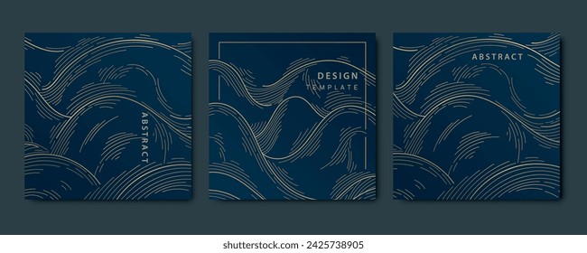 Vector set of gold wave patterns, abstract line design. Modern curve graphic, premium texture cards. Package, presentation, covers.