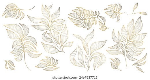 Vector set of gold wavy leaves isolated, plant branch line illustration, luxury foliage decoration. Vintage ornament elements, jungle, summer background