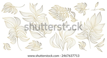 Vector set of gold wavy leaves isolated, plant branch line illustration, luxury foliage decoration. Vintage ornament elements, jungle, summer background