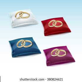 Vector Set of Gold Wedding Rings on Red White Blue Purple Satin Pillow Isolated on White Background