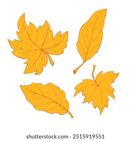 Vector set of golden abstract leaves in flat doodle style, isolated on white background. Hand drawn clip arts, symbol of autumn, nature