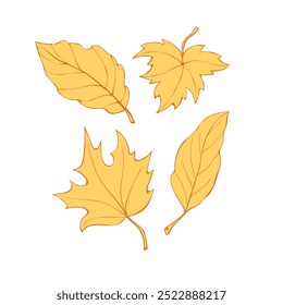 Vector set of golden abstract leaves in flat doodle style, isolated on white background. Hand drawn clip arts, symbol of autumn, nature