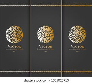 Vector set of golden abstract logo design in a circle shape. Can be used as monogram or emblem. Great for invitation background or wallpaper. Ornament vector illustration.